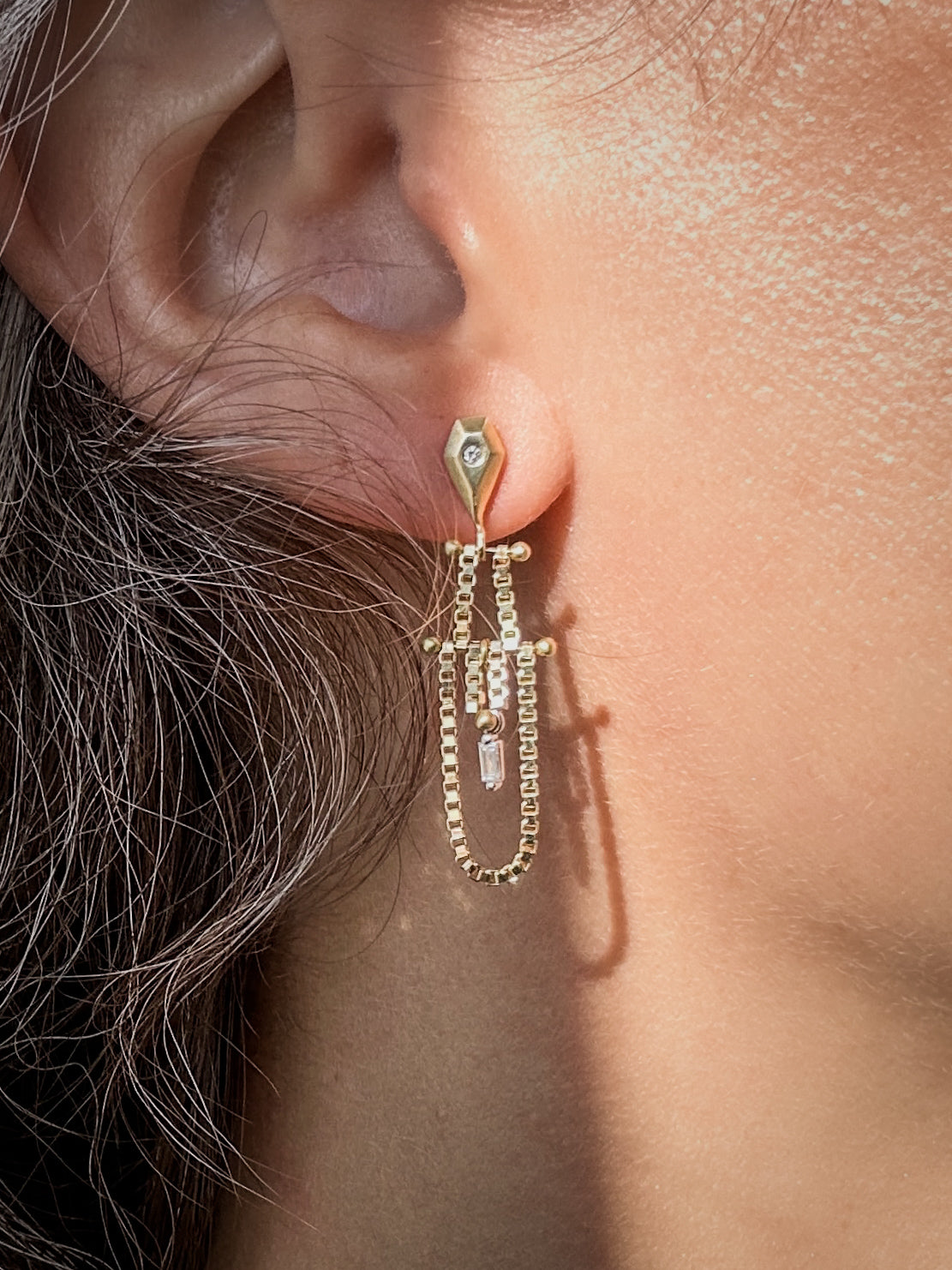 Golden Sculpt & Chain Diamond Earrings