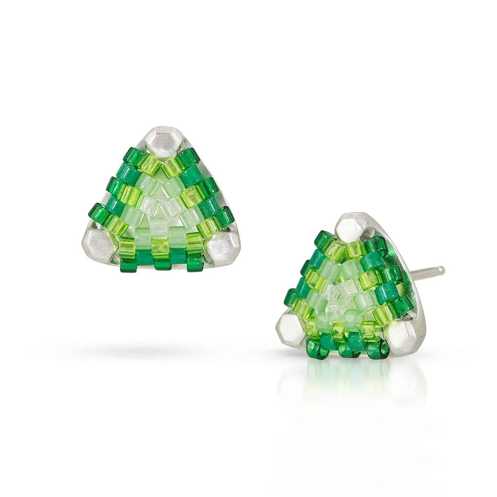 Beaded Studs - Sterling Silver/Hand-Stitched Glass Beads (Kelly Green)