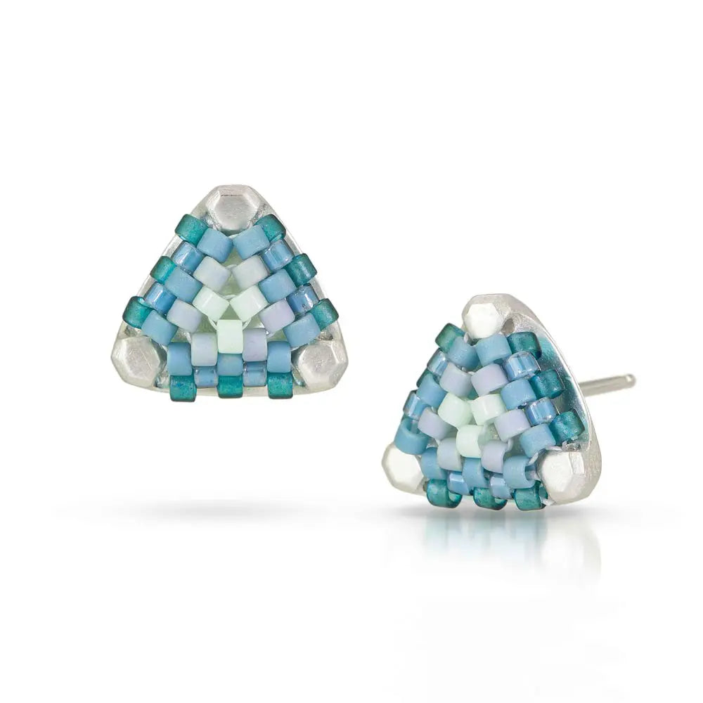 Beaded Studs - Sterling Silver/Hand-Stitched Glass Beads (Teal)