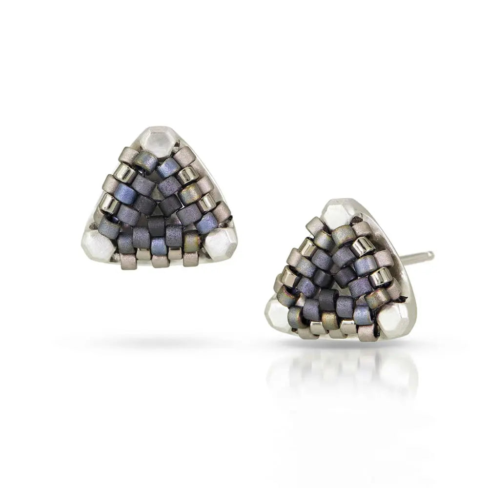 Beaded Studs - Sterling Silver/Hand-Stitched Glass Beads (Black/Silver)