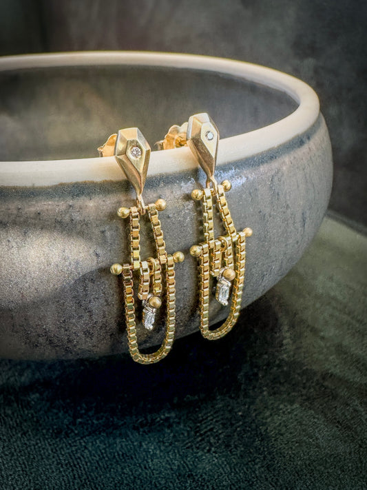 Golden Sculpt & Chain Diamond Earrings