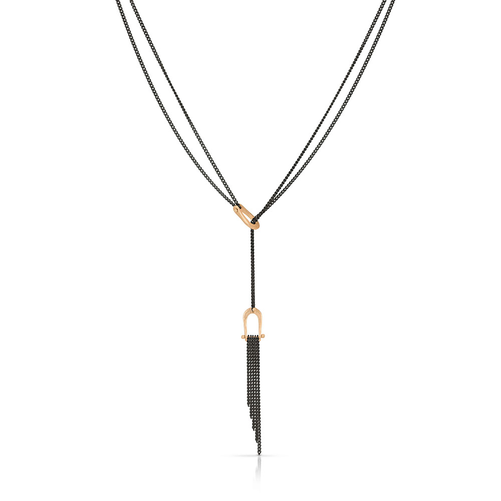 Fringe collection lariat necklace 14k yellow gold/black silver